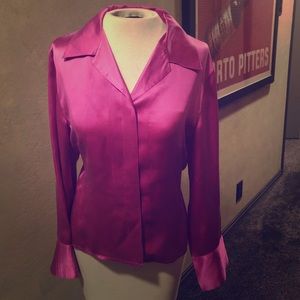 Pink Silk Button Up Long Sleeve Collared Blouse